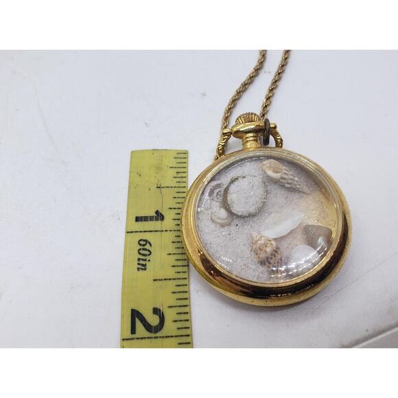 Vintage Gold Tone Pocket Watch Pendant Necklace Beach Sand Real Shells Ocean Art - Picture 14 of 16